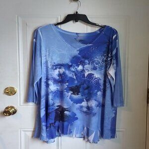 Blue Shirt with Designs and Fringe Women's 2x